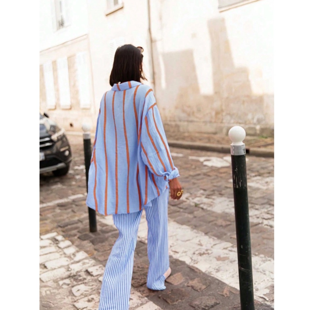 Blue Striped Oversized Button Down Shirt Long Sleeve - Picture 4 of 6
